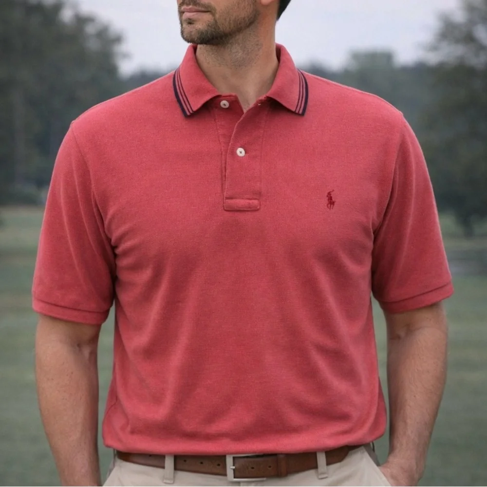 Polo by Ralph Lauren Polo Shirt Coral with Navy Collar Striping Men's Size XL